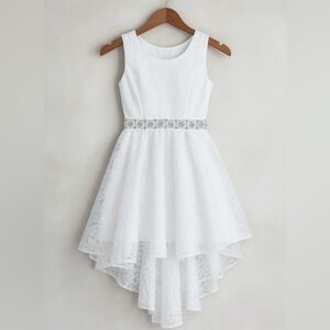 Joy Kids USA‎ White Floral Lace Rhinestone Beaded High Low Dress Baptism Wedding